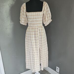 Chic Puff Sleeve Checkered Midi Dress